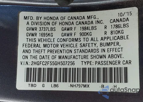 2016 Honda Civic Lx z USA, uszkodzony, nr VIN 2HGFC2F55GH507256